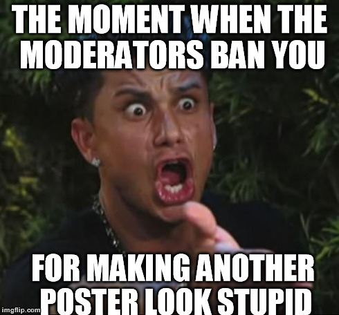 Forum Mods | THE MOMENT WHEN THE MODERATORS BAN YOU FOR MAKING ANOTHER POSTER LOOK STUPID | image tagged in memes,dj pauly d,internet,forums,forum | made w/ Imgflip meme maker