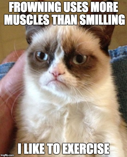 Grumpy Cat | FROWNING USES MORE MUSCLES THAN SMILLING I LIKE TO EXERCISE | image tagged in memes,grumpy cat | made w/ Imgflip meme maker