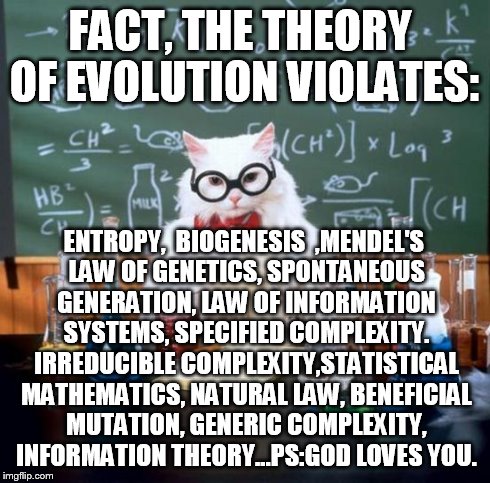 Chemistry Cat Meme | FACT, THE THEORY OF EVOLUTION VIOLATES: ENTROPY, BIOGENESIS ,MENDEL'S LAW OF GENETICS, SPONTANEOUS GENERATION, LAW OF INFORMATION SYSTEMS, | image tagged in memes,chemistry cat | made w/ Imgflip meme maker