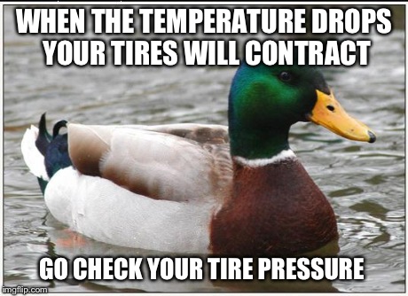 Actual Advice Mallard | WHEN THE TEMPERATURE DROPS YOUR TIRES WILL CONTRACT GO CHECK YOUR TIRE PRESSURE | image tagged in memes,actual advice mallard,AdviceAnimals | made w/ Imgflip meme maker