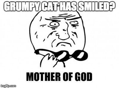 Mother Of God | GRUMPY CAT HAS SMILED? | image tagged in memes,mother of god | made w/ Imgflip meme maker