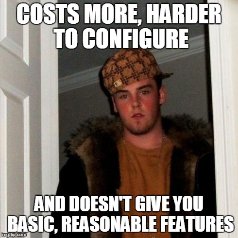 Scumbag Steve Meme | COSTS MORE, HARDER TO CONFIGURE AND DOESN'T GIVE YOU BASIC, REASONABLE FEATURES | image tagged in memes,scumbag steve | made w/ Imgflip meme maker