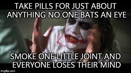 And everybody loses their minds | TAKE PILLS FOR JUST ABOUT ANYTHING NO ONE BATS AN EYE SMOKE ONE LITTLE JOINT AND EVERYONE LOSES THEIR MIND | image tagged in memes,and everybody loses their minds | made w/ Imgflip meme maker