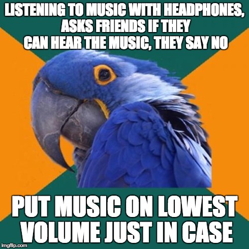 Paranoid Parrot | LISTENING TO MUSIC WITH HEADPHONES, ASKS FRIENDS IF THEY CAN HEAR THE MUSIC, THEY SAY NO PUT MUSIC ON LOWEST VOLUME JUST IN CASE | image tagged in memes,paranoid parrot | made w/ Imgflip meme maker