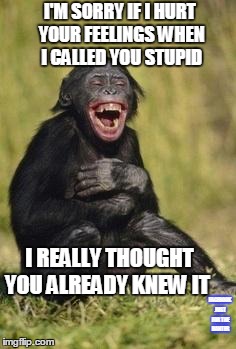 Laughing monkey | I'M SORRY IF I HURT YOUR FEELINGS WHEN I CALLED YOU STUPID I REALLY THOUGHT YOU ALREADY KNEW IT FACEBOOK JUST FOR THE BANTER | image tagged in laughing monkey | made w/ Imgflip meme maker