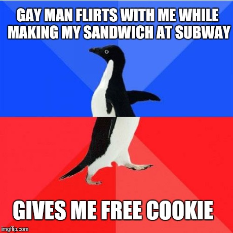 Socially Awkward Awesome Penguin Meme | GAY MAN FLIRTS WITH ME WHILE MAKING MY SANDWICH AT SUBWAY GIVES ME FREE COOKIE | image tagged in memes,socially awkward awesome penguin,AdviceAnimals | made w/ Imgflip meme maker