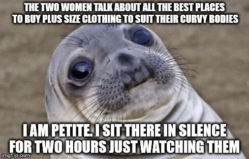 Awkward Moment Sealion | THE TWO WOMEN TALK ABOUT ALL THE BEST PLACES TO BUY PLUS SIZE CLOTHING TO SUIT THEIR CURVY BODIES I AM PETITE. I SIT THERE IN SILENCE FOR TW | image tagged in memes,awkward moment sealion | made w/ Imgflip meme maker