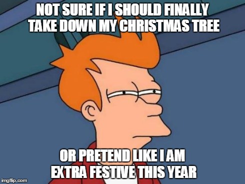 Futurama Fry | NOT SURE IF I SHOULD FINALLY TAKE DOWN MY CHRISTMAS TREE OR PRETEND LIKE I AM EXTRA FESTIVE THIS YEAR | image tagged in memes,futurama fry,AdviceAnimals | made w/ Imgflip meme maker