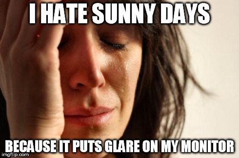 First World Problems | I HATE SUNNY DAYS BECAUSE IT PUTS GLARE ON MY MONITOR | image tagged in memes,first world problems,AdviceAnimals | made w/ Imgflip meme maker