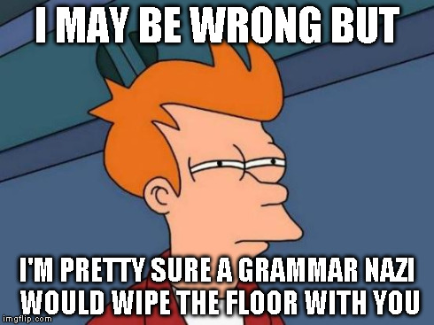Futurama Fry Meme | I MAY BE WRONG BUT I'M PRETTY SURE A GRAMMAR NAZI WOULD WIPE THE FLOOR WITH YOU | image tagged in memes,futurama fry | made w/ Imgflip meme maker