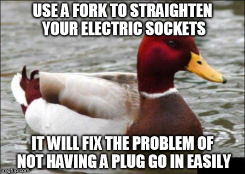 Malicious Advice Mallard Meme | USE A FORK TO STRAIGHTEN YOUR ELECTRIC SOCKETS IT WILL FIX THE PROBLEM OF NOT HAVING A PLUG GO IN EASILY | image tagged in memes,malicious advice mallard | made w/ Imgflip meme maker