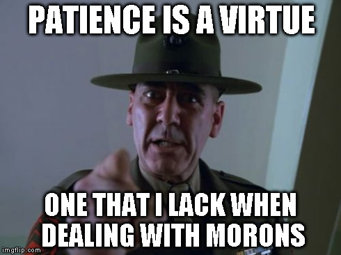 Sergeant Hartmann | PATIENCE IS A VIRTUE ONE THAT I LACK WHEN DEALING WITH MORONS | image tagged in memes,sergeant hartmann | made w/ Imgflip meme maker