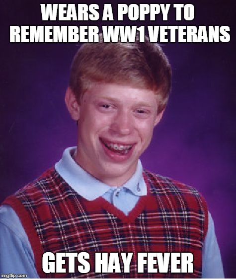 Bad Luck Brian | WEARS A POPPY TO REMEMBER WW1 VETERANS GETS HAY FEVER | image tagged in memes,bad luck brian | made w/ Imgflip meme maker