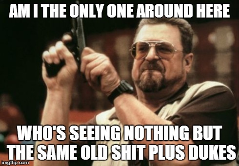 Am I The Only One Around Here Meme | AM I THE ONLY ONE AROUND HERE WHO'S SEEING NOTHING BUT THE SAME OLD SHIT PLUS DUKES | image tagged in memes,am i the only one around here | made w/ Imgflip meme maker