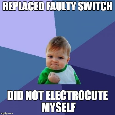 Success Kid Meme | REPLACED FAULTY SWITCH DID NOT ELECTROCUTE MYSELF | image tagged in memes,success kid | made w/ Imgflip meme maker