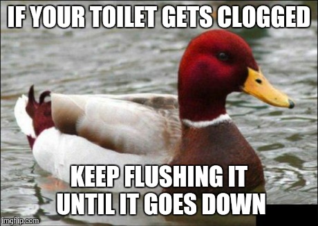 Malicious Advice Mallard | IF YOUR TOILET GETS CLOGGED KEEP FLUSHING IT UNTIL IT GOES DOWN | image tagged in memes,malicious advice mallard,AdviceAnimals | made w/ Imgflip meme maker