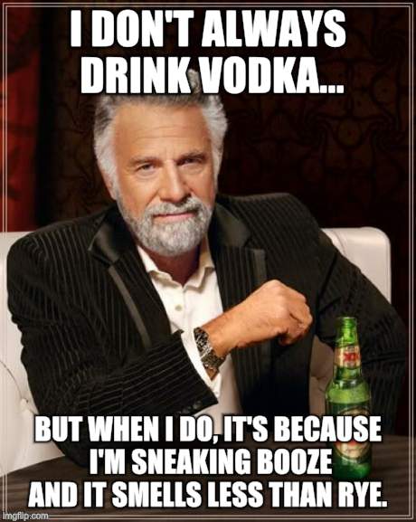The Most Interesting Man In The World | I DON'T ALWAYS DRINK VODKA... BUT WHEN I DO, IT'S BECAUSE I'M SNEAKING BOOZE AND IT SMELLS LESS THAN RYE. | image tagged in memes,the most interesting man in the world | made w/ Imgflip meme maker