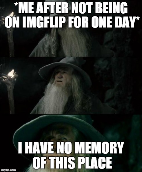 Confused Gandalf | *ME AFTER NOT BEING ON IMGFLIP FOR ONE DAY* I HAVE NO MEMORY OF THIS PLACE | image tagged in memes,confused gandalf | made w/ Imgflip meme maker