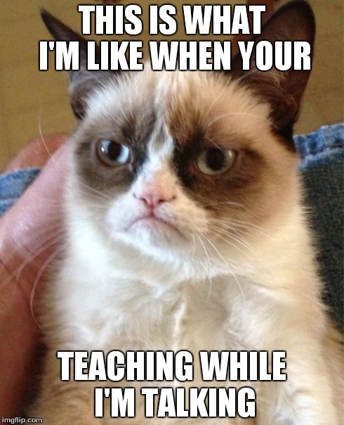 Grumpy Cat | THIS IS WHAT I'M LIKE WHEN YOUR TEACHING WHILE I'M TALKING | image tagged in memes,grumpy cat | made w/ Imgflip meme maker