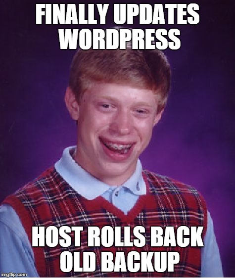 Bad Luck Brian | FINALLY UPDATES WORDPRESS HOST ROLLS BACK OLD BACKUP | image tagged in memes,bad luck brian | made w/ Imgflip meme maker