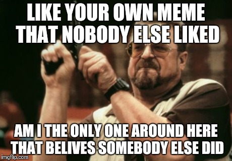 Am I The Only One Around Here Meme | LIKE YOUR OWN MEME THAT NOBODY ELSE LIKED AM I THE ONLY ONE AROUND HERE THAT BELIVES SOMEBODY ELSE DID | image tagged in memes,am i the only one around here | made w/ Imgflip meme maker