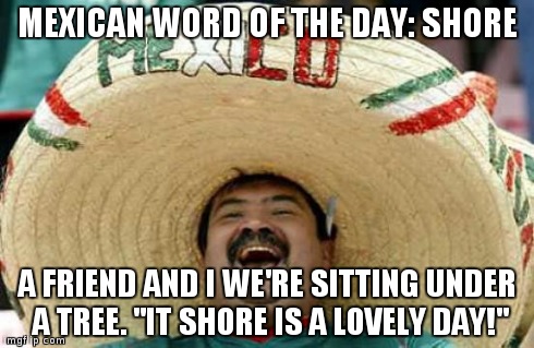 Happy Mexican | MEXICAN WORD OF THE DAY: SHORE A FRIEND AND I WE'RE SITTING UNDER A TREE. "IT SHORE IS A LOVELY DAY!" | image tagged in happy mexican | made w/ Imgflip meme maker