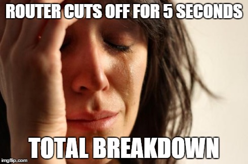 First World Problems | ROUTER CUTS OFF FOR 5 SECONDS TOTAL BREAKDOWN | image tagged in memes,first world problems | made w/ Imgflip meme maker