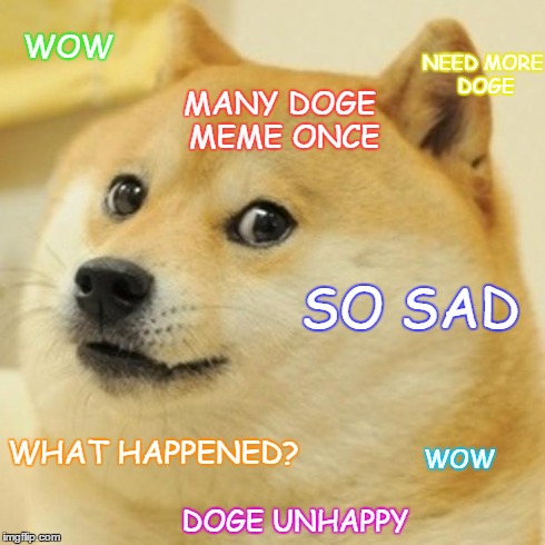Doge | WOW WHAT HAPPENED? MANY DOGE MEME ONCE SO SAD DOGE UNHAPPY WOW NEED MORE DOGE | image tagged in memes,doge | made w/ Imgflip meme maker