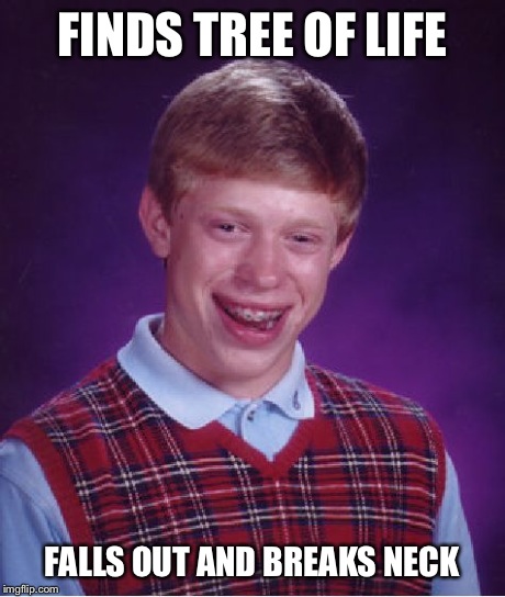 Tree of life | FINDS TREE OF LIFE FALLS OUT AND BREAKS NECK | image tagged in memes,bad luck brian,funny | made w/ Imgflip meme maker
