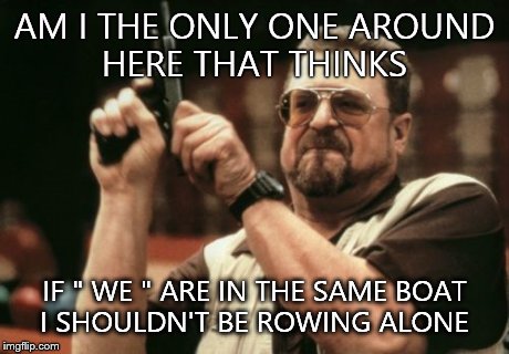 Am I The Only One Around Here | AM I THE ONLY ONE AROUND HERE THAT THINKS IF " WE " ARE IN THE SAME BOAT I SHOULDN'T BE ROWING ALONE | image tagged in memes,am i the only one around here | made w/ Imgflip meme maker