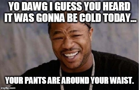 Yo Dawg Heard You | YO DAWG I GUESS YOU HEARD IT WAS GONNA BE COLD TODAY... YOUR PANTS ARE AROUND YOUR WAIST. | image tagged in memes,yo dawg heard you | made w/ Imgflip meme maker