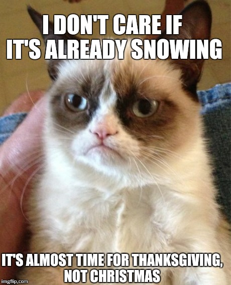 Thanksgiving people! | I DON'T CARE IF IT'S ALREADY SNOWING IT'S ALMOST TIME FOR THANKSGIVING, NOT CHRISTMAS | image tagged in memes,grumpy cat,christmas,thanksgiving,snow | made w/ Imgflip meme maker