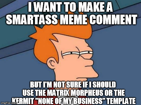 Another template dilemma | I WANT TO MAKE A SMARTASS MEME COMMENT BUT I'M NOT SURE IF I SHOULD USE THE MATRIX MORPHEUS OR THE KERMIT "NONE OF MY BUSINESS" TEMPLATE | image tagged in memes,futurama fry | made w/ Imgflip meme maker