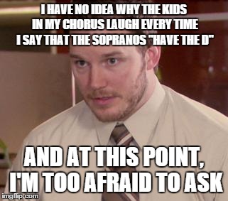 Afraid To Ask Andy | I HAVE NO IDEA WHY THE KIDS IN MY CHORUS LAUGH EVERY TIME I SAY THAT THE SOPRANOS "HAVE THE D" AND AT THIS POINT, I'M TOO AFRAID TO ASK | image tagged in memes,afraid to ask andy,AdviceAnimals | made w/ Imgflip meme maker