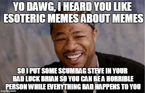 Pimp My Meme | YO DAWG, I HEARD YOU LIKE ESOTERIC MEMES ABOUT MEMES SO I PUT SOME SCUMBAG STEVE IN YOUR BAD LUCK BRIAN SO YOU CAN BE A HORRIBLE PERSON WHIL | image tagged in memes,yo dawg heard you,bad luck brian,scumbag steve | made w/ Imgflip meme maker