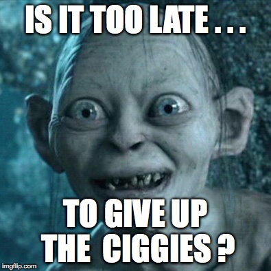 Gollum | IS IT TOO LATE . . . TO GIVE UP THE  CIGGIES ? | image tagged in memes,gollum | made w/ Imgflip meme maker