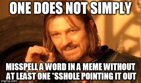 Yo, Spelling Nazis! Yeah, you! | ONE DOES NOT SIMPLY MISSPELL A WORD IN A MEME WITHOUT AT LEAST ONE *SSHOLE POINTING IT OUT | image tagged in memes,one does not simply | made w/ Imgflip meme maker