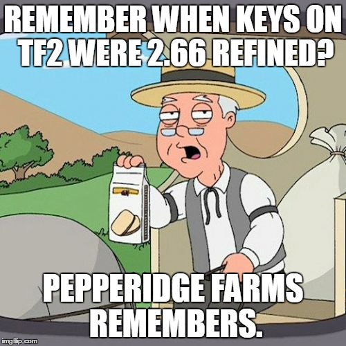 Pepperidge Farm Remembers Meme | REMEMBER WHEN KEYS ON TF2 WERE 2.66 REFINED? PEPPERIDGE FARMS REMEMBERS. | image tagged in memes,pepperidge farm remembers | made w/ Imgflip meme maker