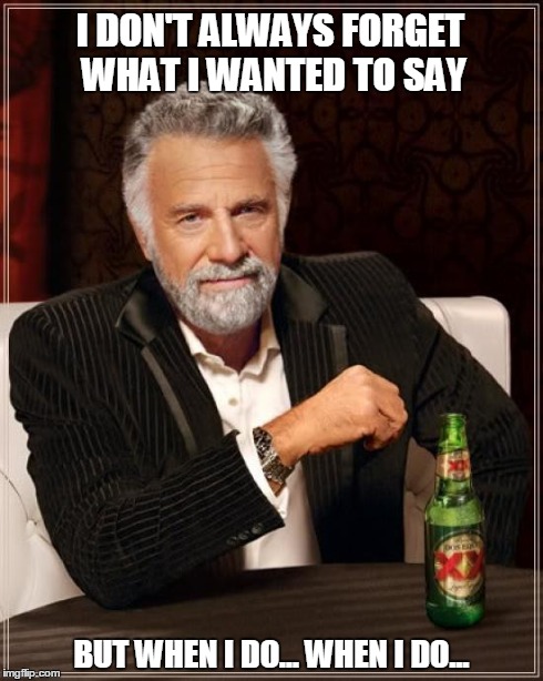 The Most Interesting Man In The World | I DON'T ALWAYS FORGET WHAT I WANTED TO SAY BUT WHEN I DO... WHEN I DO... | image tagged in memes,the most interesting man in the world | made w/ Imgflip meme maker
