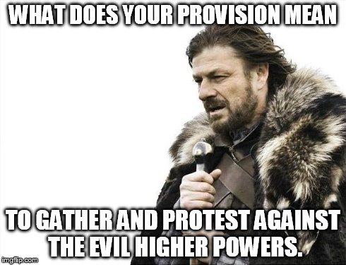 Brace Yourselves X is Coming Meme | WHAT DOES YOUR PROVISION MEAN TO GATHER AND PROTEST AGAINST THE EVIL HIGHER POWERS. | image tagged in memes,brace yourselves x is coming | made w/ Imgflip meme maker