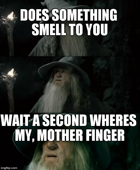 Confused Gandalf Meme | DOES SOMETHING SMELL TO YOU WAIT A SECOND WHERES MY, MOTHER FINGER | image tagged in memes,confused gandalf | made w/ Imgflip meme maker