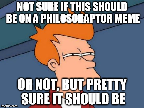 Futurama Fry Meme | NOT SURE IF THIS SHOULD BE ON A PHILOSORAPTOR MEME OR NOT, BUT PRETTY SURE IT SHOULD BE | image tagged in memes,futurama fry | made w/ Imgflip meme maker