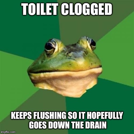 Foul Bachelor Frog Meme | TOILET CLOGGED KEEPS FLUSHING SO IT HOPEFULLY GOES DOWN THE DRAIN | image tagged in memes,foul bachelor frog | made w/ Imgflip meme maker