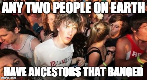 Sudden Clarity Clarence Meme | ANY TWO PEOPLE ON EARTH HAVE ANCESTORS THAT BANGED | image tagged in memes,sudden clarity clarence | made w/ Imgflip meme maker