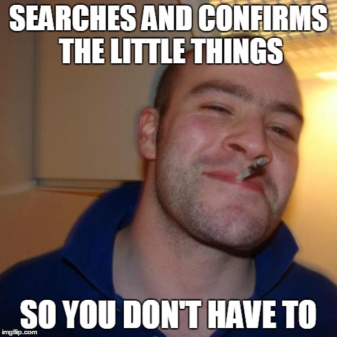 Good Guy Greg | SEARCHES AND CONFIRMS THE LITTLE THINGS SO YOU DON'T HAVE TO | image tagged in memes,good guy greg | made w/ Imgflip meme maker