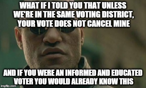 Matrix Morpheus Meme | WHAT IF I TOLD YOU THAT UNLESS WE'RE IN THE SAME VOTING DISTRICT, YOUR VOTE DOES NOT CANCEL MINE AND IF YOU WERE AN INFORMED AND EDUCATED VO | image tagged in memes,matrix morpheus | made w/ Imgflip meme maker