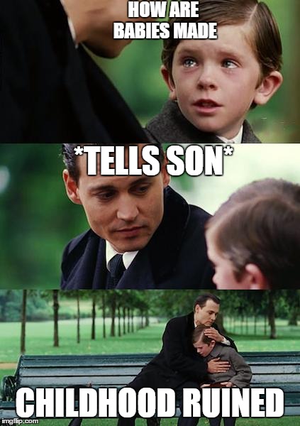 Finding Neverland | HOW ARE BABIES MADE CHILDHOOD RUINED *TELLS SON* | image tagged in memes,finding neverland | made w/ Imgflip meme maker