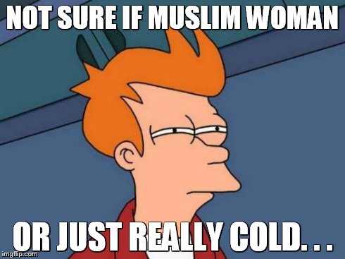 Futurama Fry Meme | NOT SURE IF MUSLIM WOMAN OR JUST REALLY COLD. . . | image tagged in memes,futurama fry | made w/ Imgflip meme maker