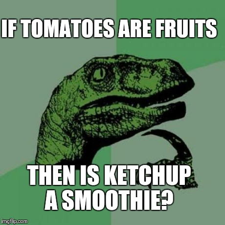 Philosoraptor Meme | IF TOMATOES ARE FRUITS THEN IS KETCHUP A SMOOTHIE? | image tagged in memes,philosoraptor | made w/ Imgflip meme maker