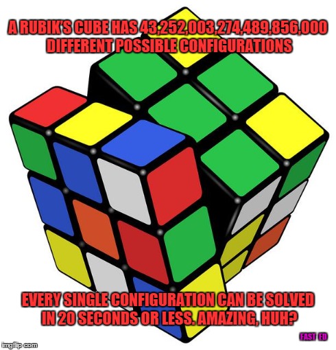 Rubik Cube | A RUBIKâ€™S CUBE HAS 43,252,003,274,489,856,000 DIFFERENT POSSIBLE CONFIGURATIONS EVERY SINGLE CONFIGURATION CAN BE SOLVED IN 20 SECONDS OR  | image tagged in rubik cube,puzzle | made w/ Imgflip meme maker